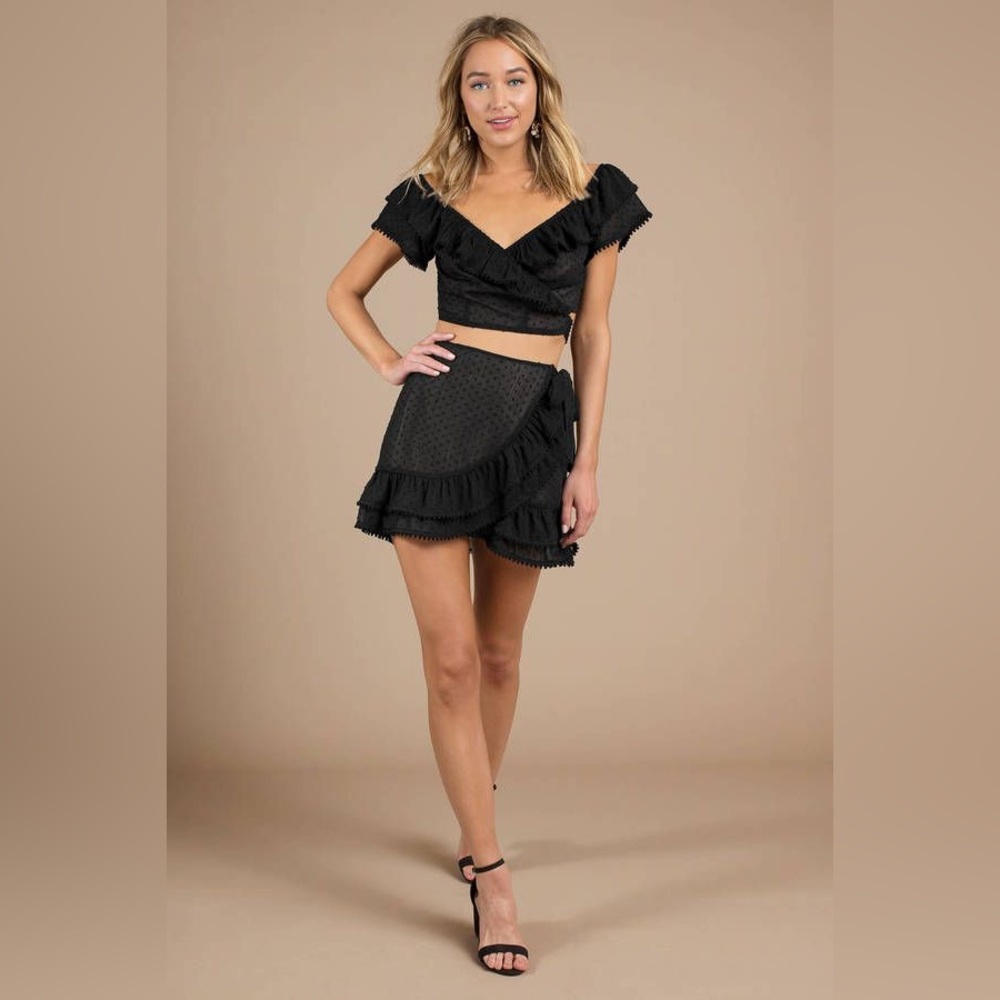 Tobi black ruffled wrap top and skirt set
